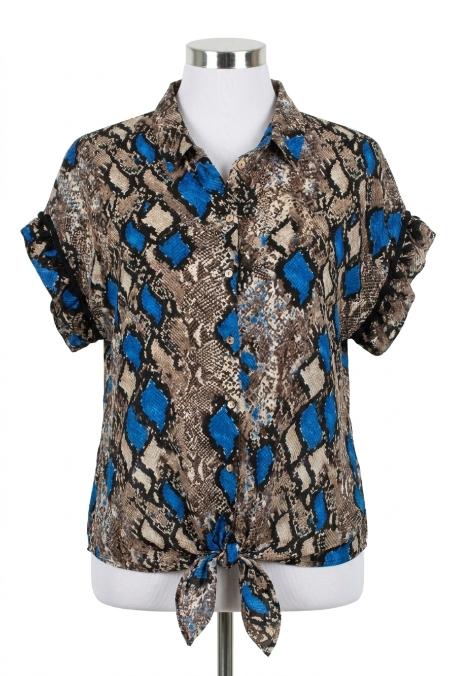 NEW SEE AND BE SEEN button down tie front blouse in blue snakeskin